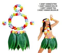Yetişkin Hawaii Kostüm Seti - Yaprak Etek &amp;amp; Hawaii Set - 5 Parça