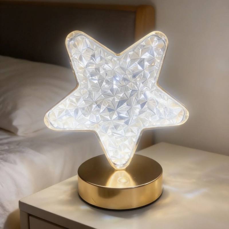 Yıldız Model Kristal LED Masa Lambası – Dokunmatik, 3 Renk Işık Modlu, Şarjlı Mini Dekoratif Gece Lambası