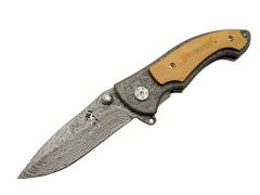 2-31 Damascus Kamp Çakı 19,5cm - Yarı Otomatik, Kemerlikli, Ahşap; Metal Sap
