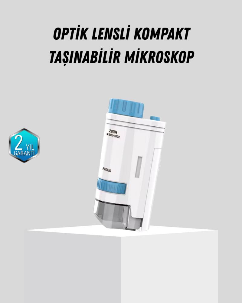Taşınabilir Mini Mikroskop LED Işıklı 80X–200X Büyütmeli ve Odak Ayarlı