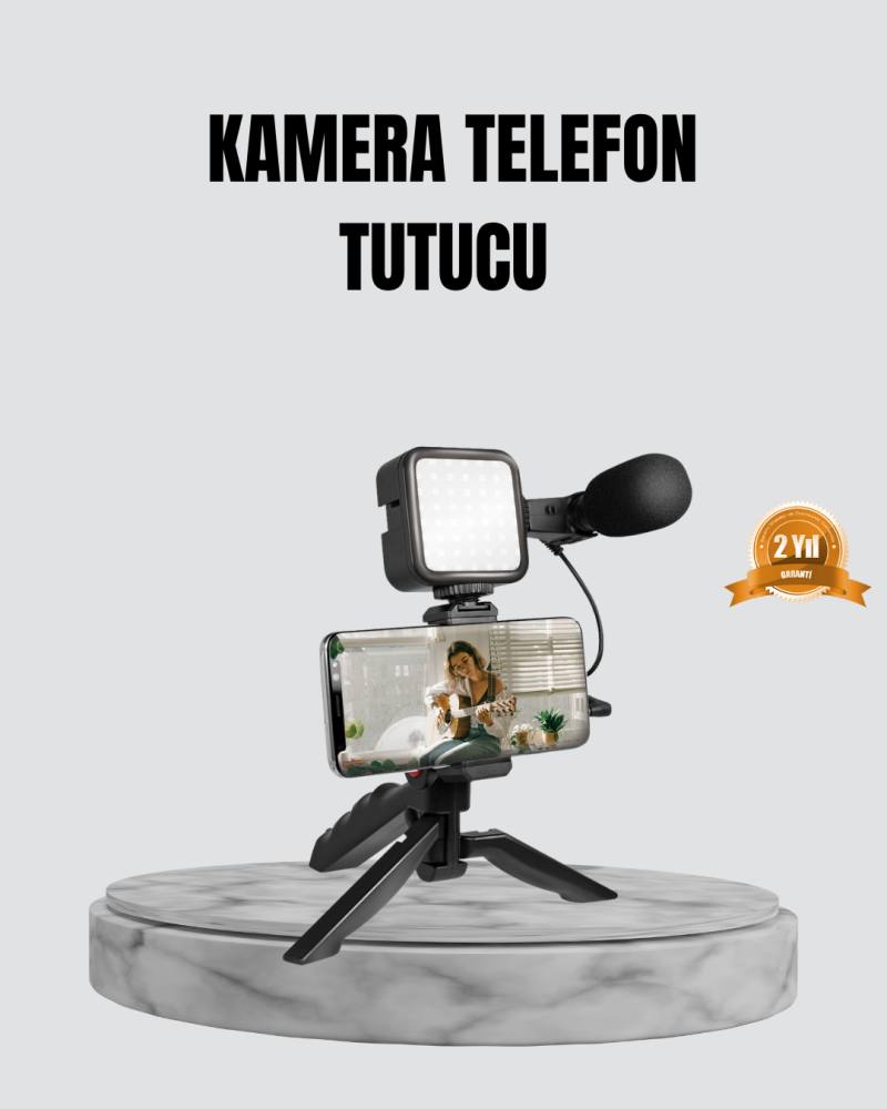 Telefon Video Çekim Kiti LED Aydınlatma Mikrofon Tripodlu Tam Set