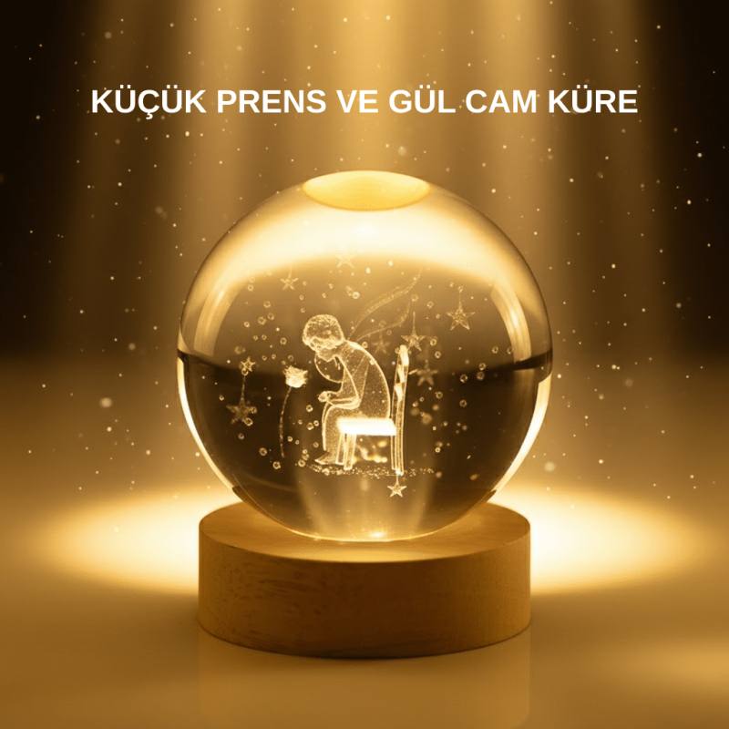 Küçük Prens Cam Küre USB Işıklı Ahşap Standlı Büyük Boy