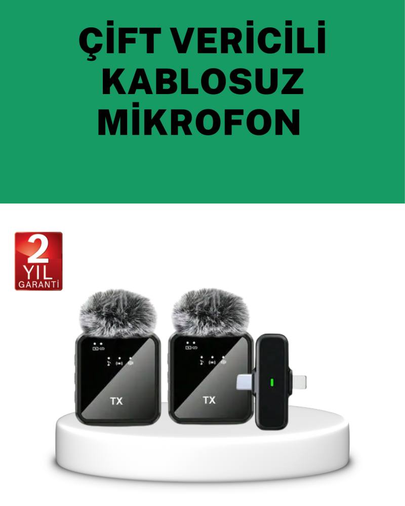 Canlı Yayın ve Video Çekimleri İçin Çiftli Kablosuz Yaka Mikrofon