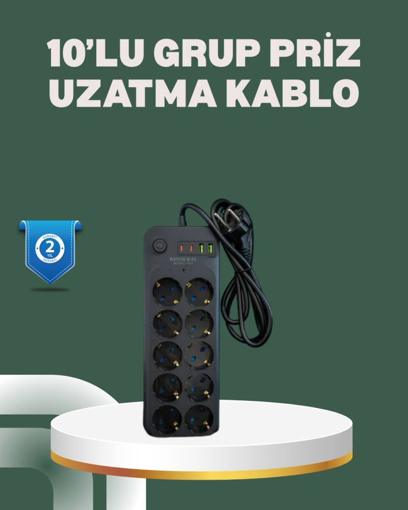 Termal Koruma Sistemli USB Type-C 10’lu Grup Priz 2m 2500W Güç Kapasiteli