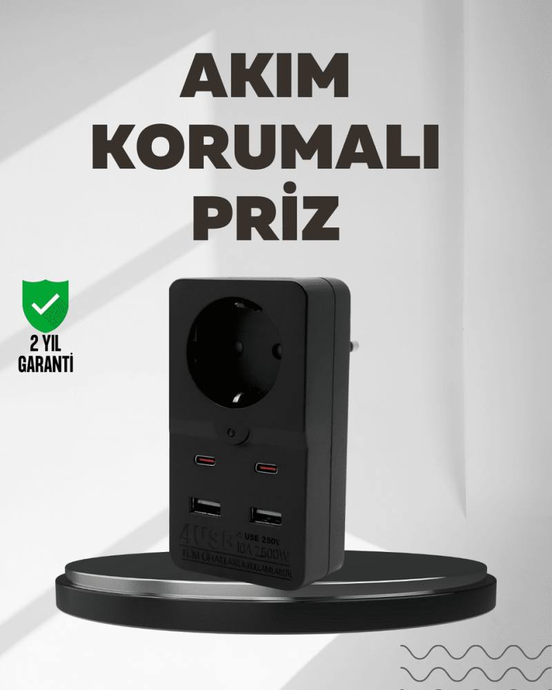 Tip Akım Koruma Prizi 10A 2500W USB Type C Destekli