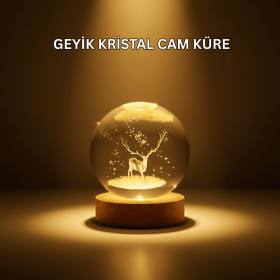 USB Bağlantılı Geyik Temalı Kristal Küre Premium Masa Gece Lambası