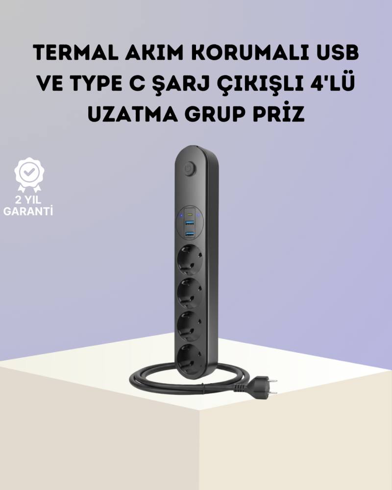Akım Korumalı Çoklu Priz 4’lü 2 USB 1 Type-C 2500W Güçlü Tasarım