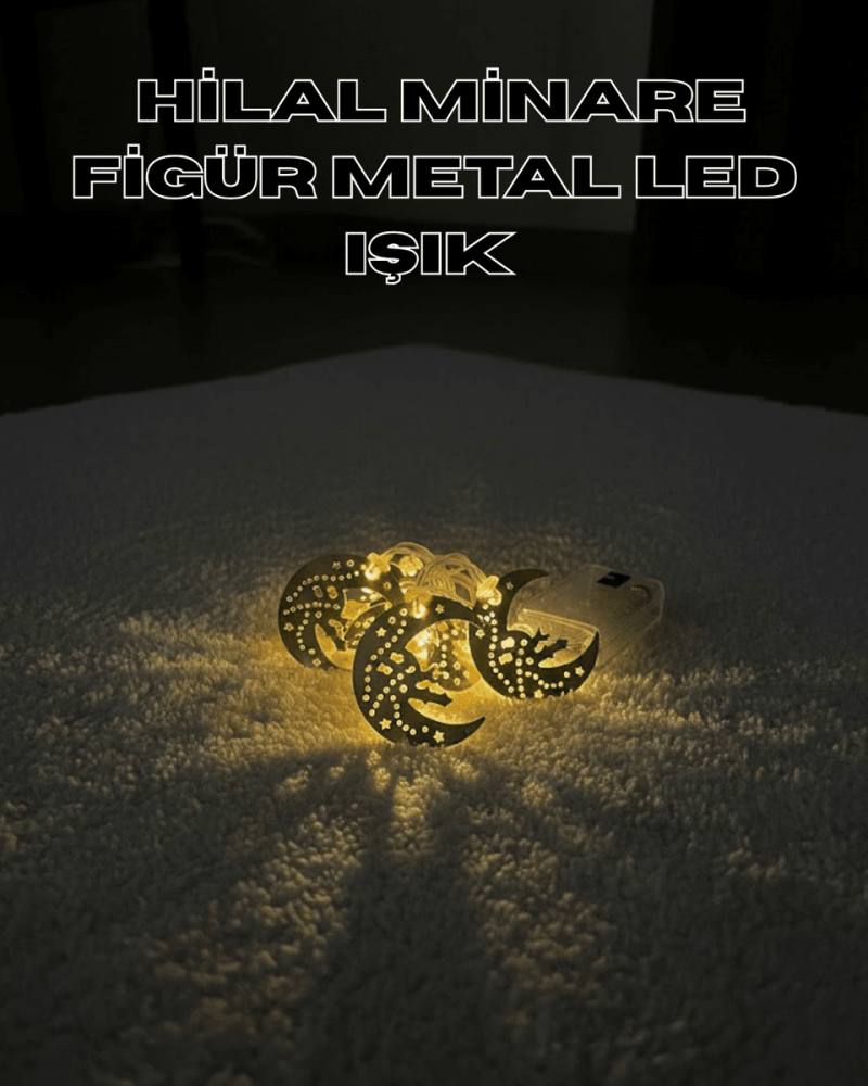 Gold Renk Metal Minareli Hilal LED Işık Pilli Ramazan Süsü