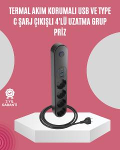 Led Anahtarlı Akım Korumalı Çoklu Priz 4 Priz 3 USB Girişli