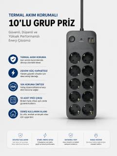 Termal Akım Korumalı USB Type-C Girişli 10'lu Grup Priz 2500W Güç Kapasitesi (Kopya)