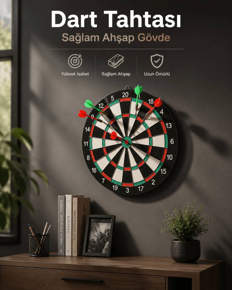 Duvara Monte Sağlam Ahşap Gövdeli Dart Tahtası Ev ve Oyun Alanları İçin 17 İnç