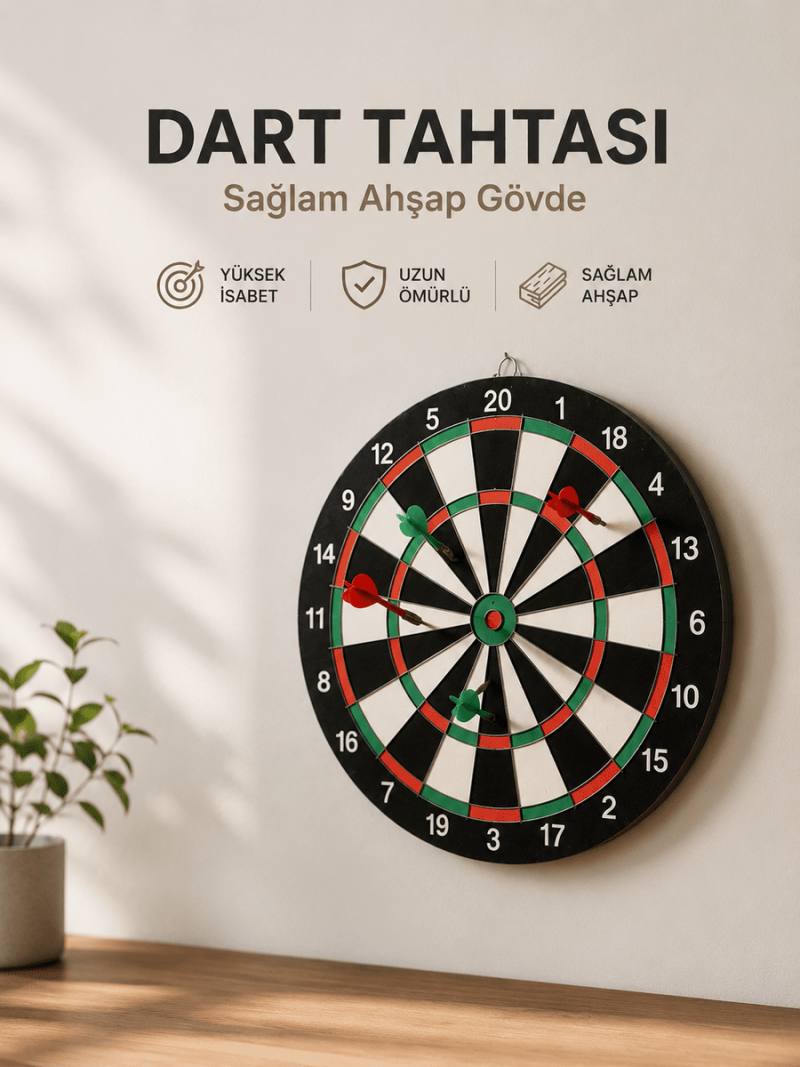 Evde, Ofiste ve Oyun Alanlarında Kullanıma Uygun Sağlam Ahşap Gövdeli Dart Tahtası