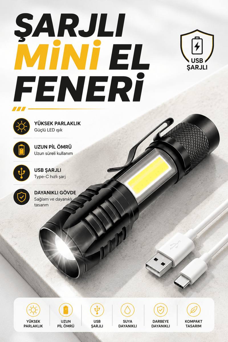 El Feneri Led USB Şarjlı Zoom Mini Led Işık Acil Durum Feneri