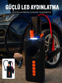 10000mAh Şarjlı Araç Kompresörü Akü Takviye Cihazı Powerbank Özellikli Dijital Lastik Şişirme Pompası