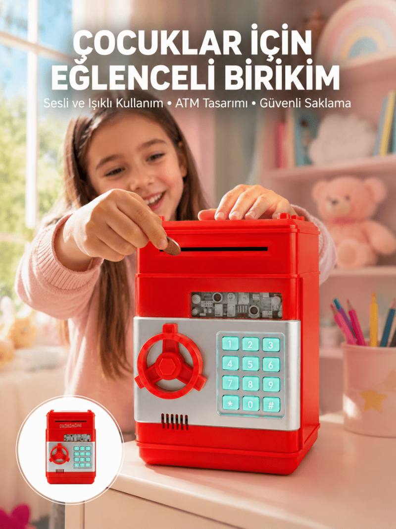 Şifreli Kırmızı ATM Tasarımlı Çelik Kasa Görünümlü Kumbara