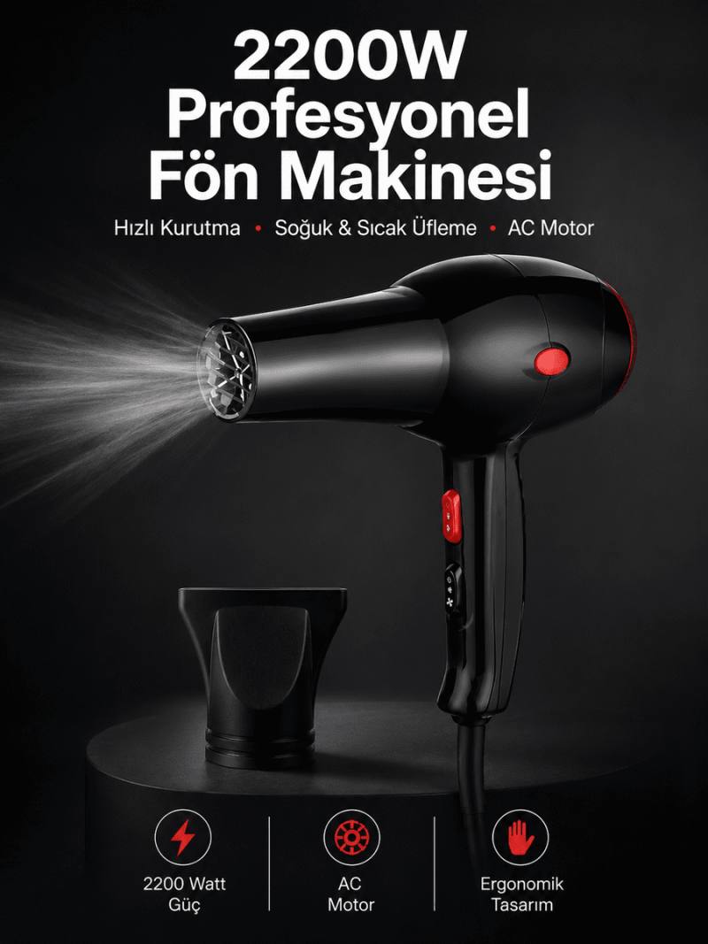Tüm Saç Tiplerine Uygun, İki Kademeli Hız Ayarlı Fön Makinesi