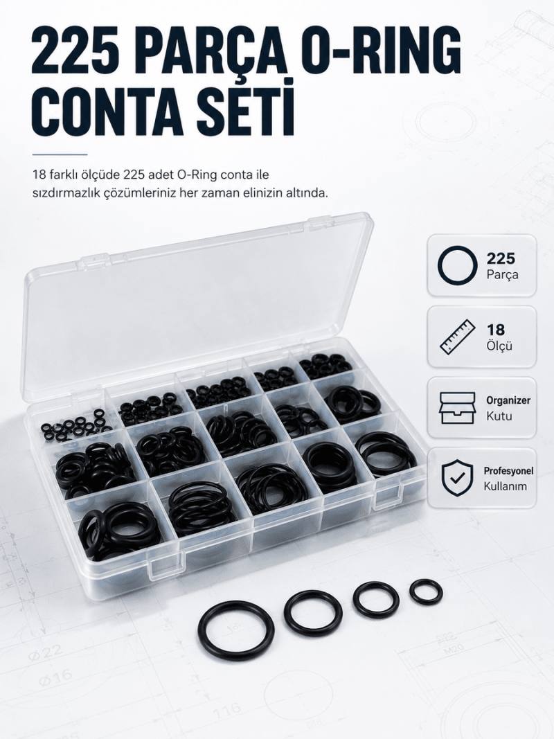 225 PCS O-Ring Conta Seti Profesyonel Tamir, Bakım ve Sızdırmazlık Çözümü