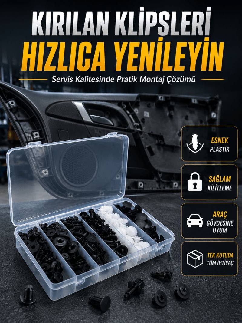 Universal Araç Döşeme Klipsi ve Tampon Sabitleme Pimi Seti 100 Parça Organizer Kutulu
