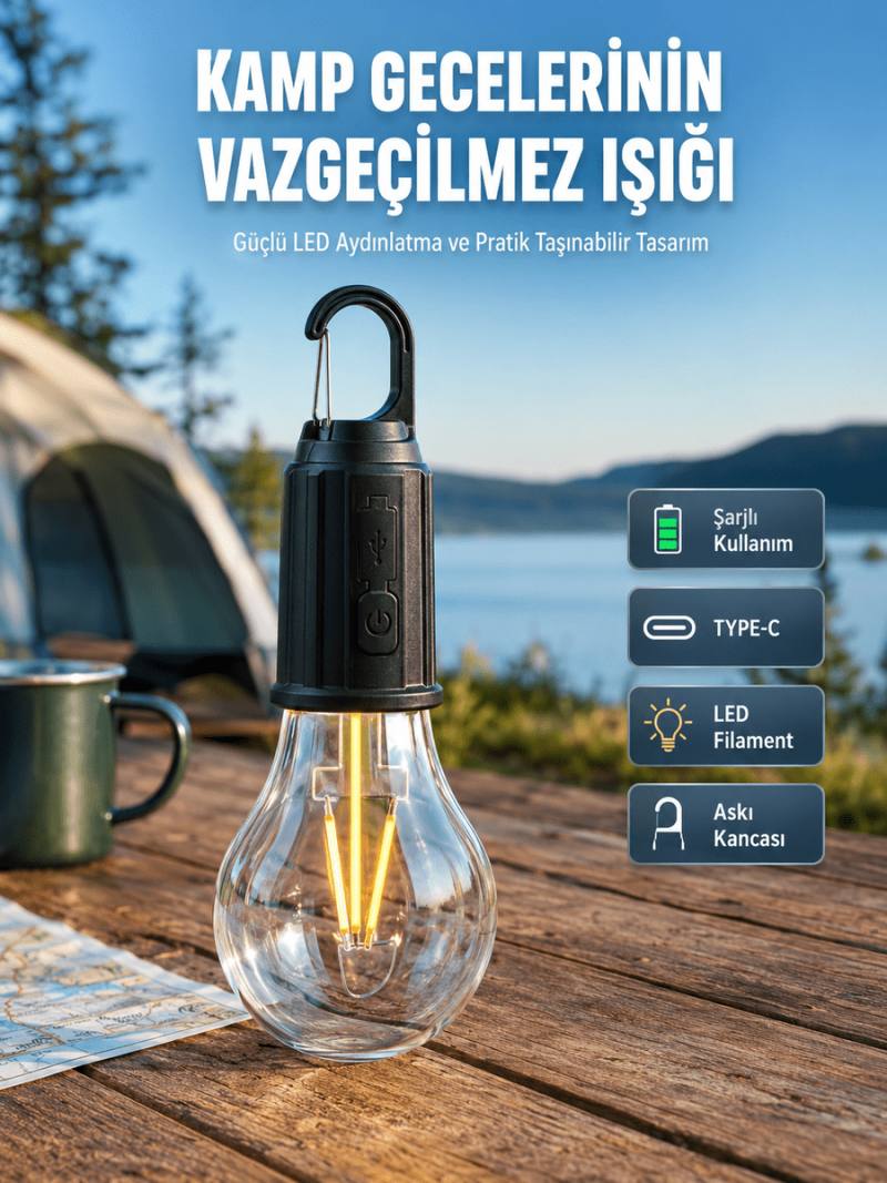 Şarjlı Aydınlatma Ampul Tasarımlı Ambians Işık Askılı Kamp Lambası