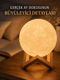 3D Ay Gece Lambası Ahşap Standlı Dekoratif LED Masa Lambası