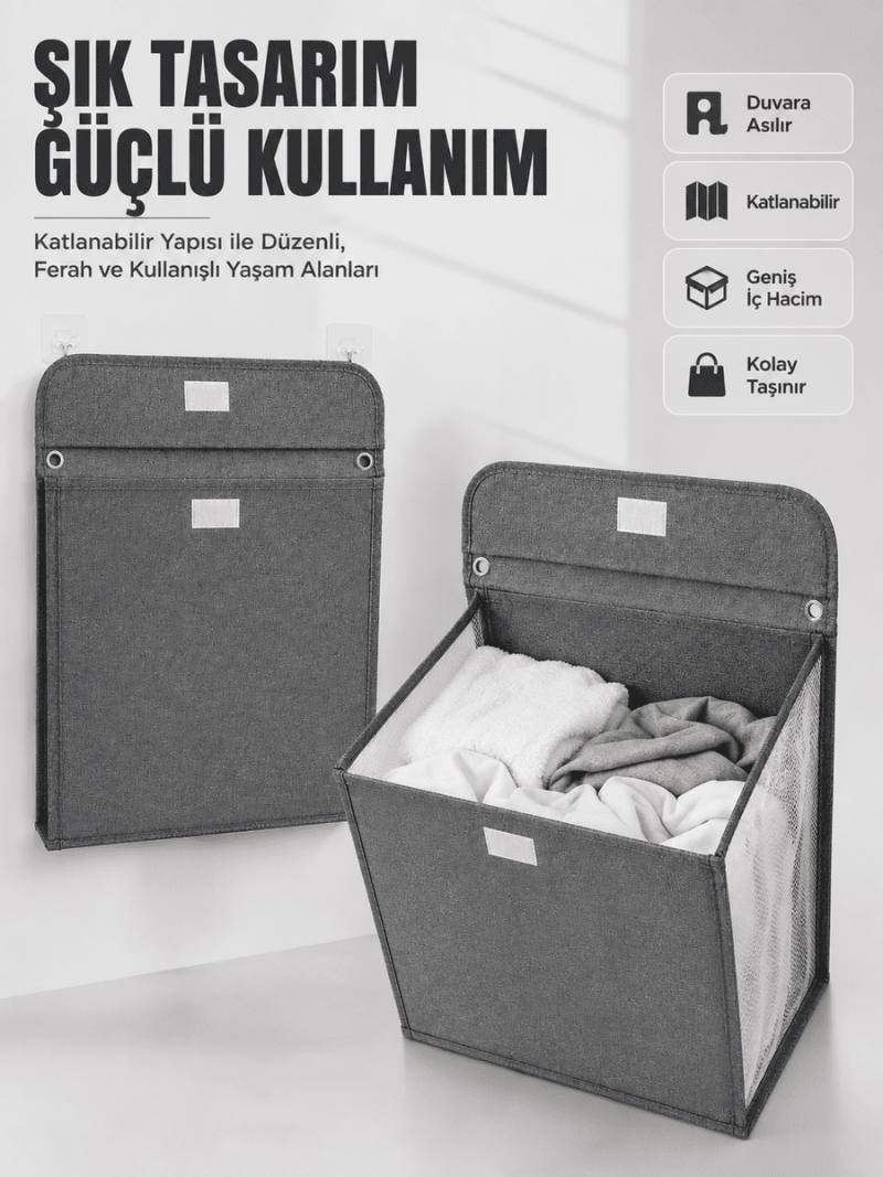Duvara Asılabilir Katlanabilir Kirli Çamaşır Sepeti Geniş Hacimli Düzenleyici