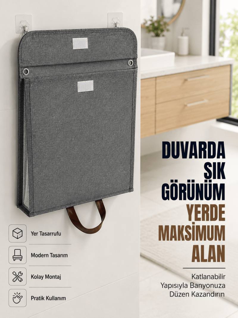 Katlanır Duvar Askılı Çamaşır Sepeti Geniş İç Hacimli Banyo Düzenleyici