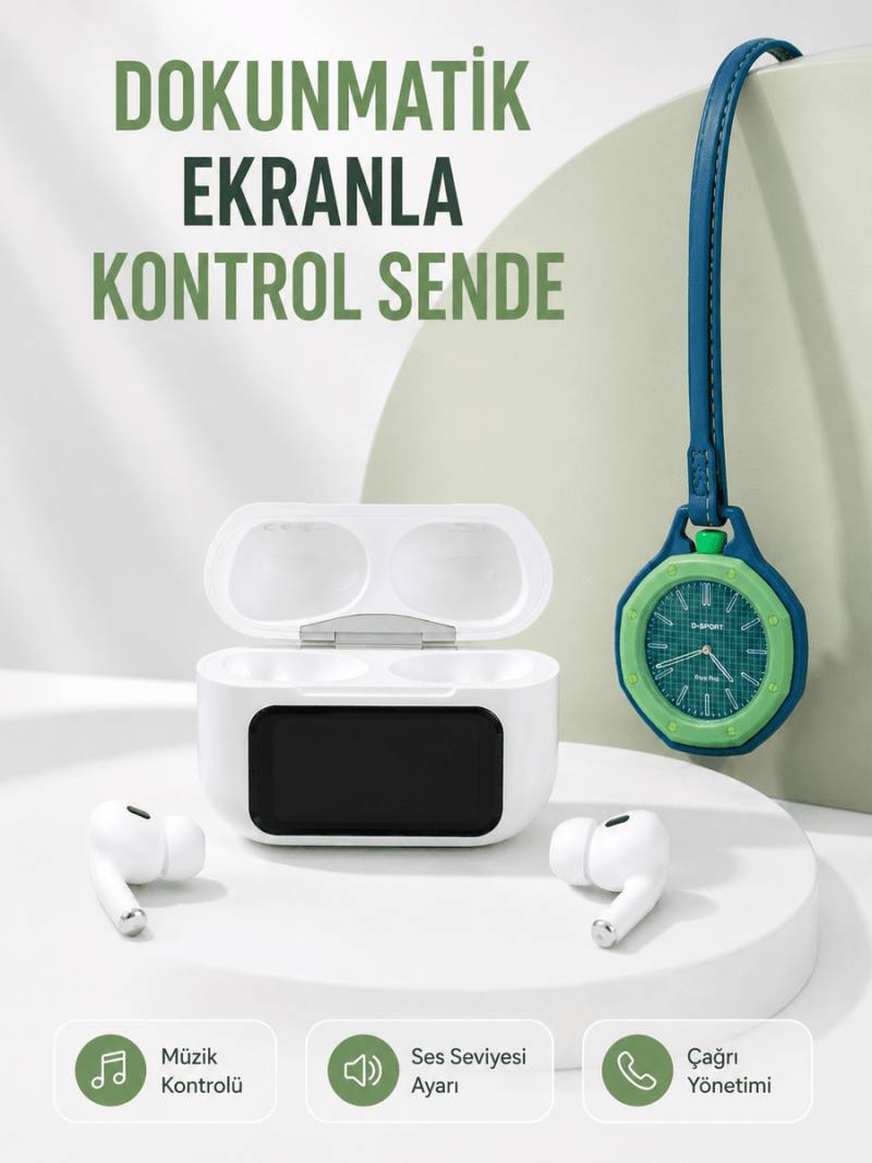 Bluetooth 5.4 Kablosuz Kulaklık Yeşil Askılı Analog Charm Saat İkili Set