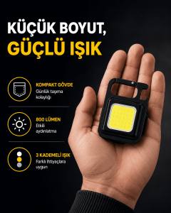 LED Mini Anahtarlık Fener – 1000 Lümen Güçlü Işık ve USB Type-C Şarjlı Yeni Nesil