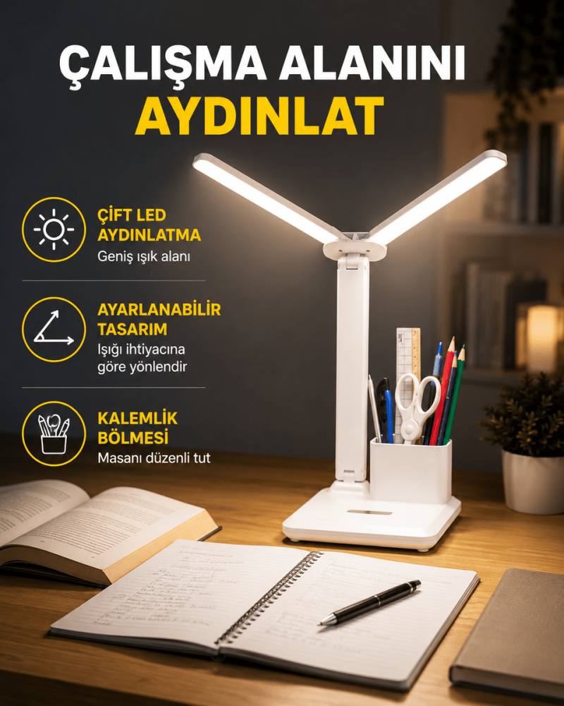 Kısılabilir LED Masa Lambası – Kalemlik ve Telefon Standlı, Göz Yormayan Işık Yeni Nesil