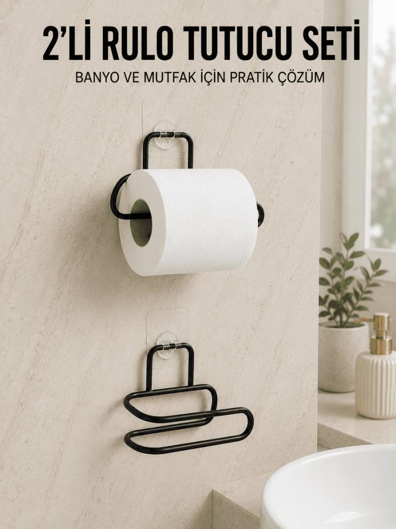 2’li Yapışkanlı Tuvalet Kağıdı Tutucu Siyah Metal Duvar Tipi Rulo Kağıtlık