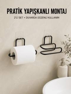 2 Adet Yapışkanlı WC Kağıtlık Siyah Metal Pratik Duvar Tipi Rulo Tutucu