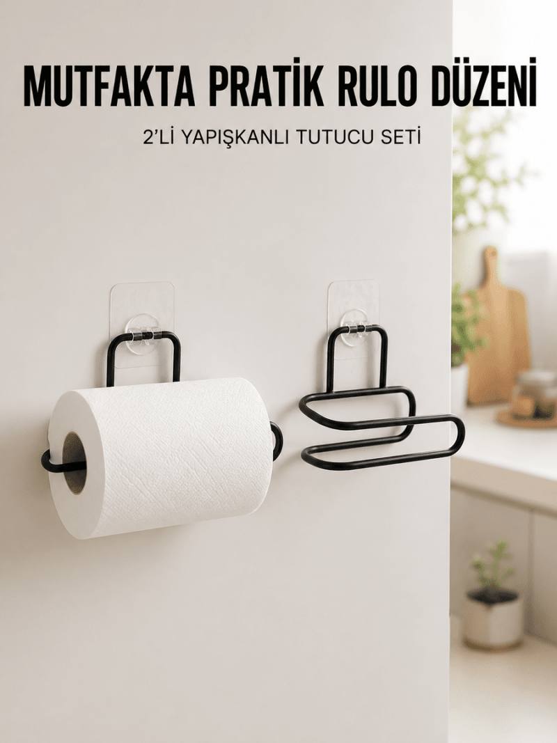 2’li Siyah Metal Rulo Kağıt Tutucu Yapışkanlı Banyo ve Mutfak Kağıtlık