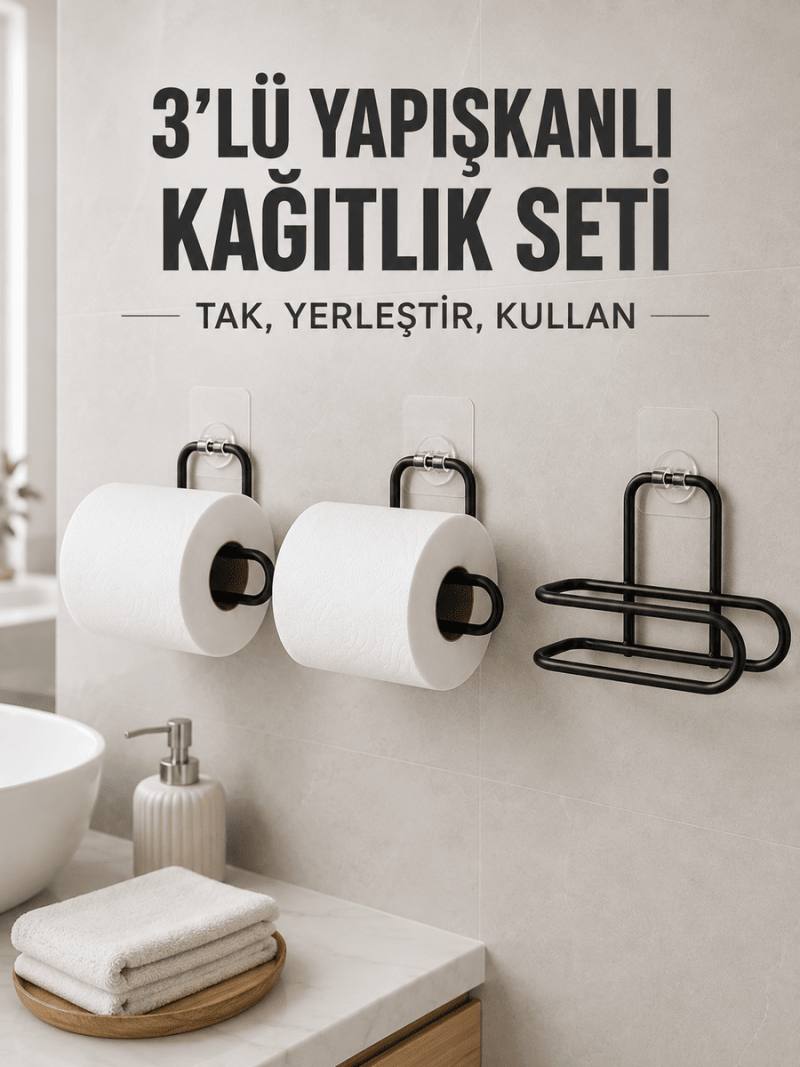 3’lü Siyah Duvar Tipi Kağıtlık Seti Yapışkanlı Pratik Rulo Tutucu