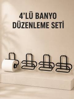 4 Adet Yapışkanlı Tuvalet Kağıdı Askısı Siyah Metal Delmeden Duvara Monte WC Kağıtlık