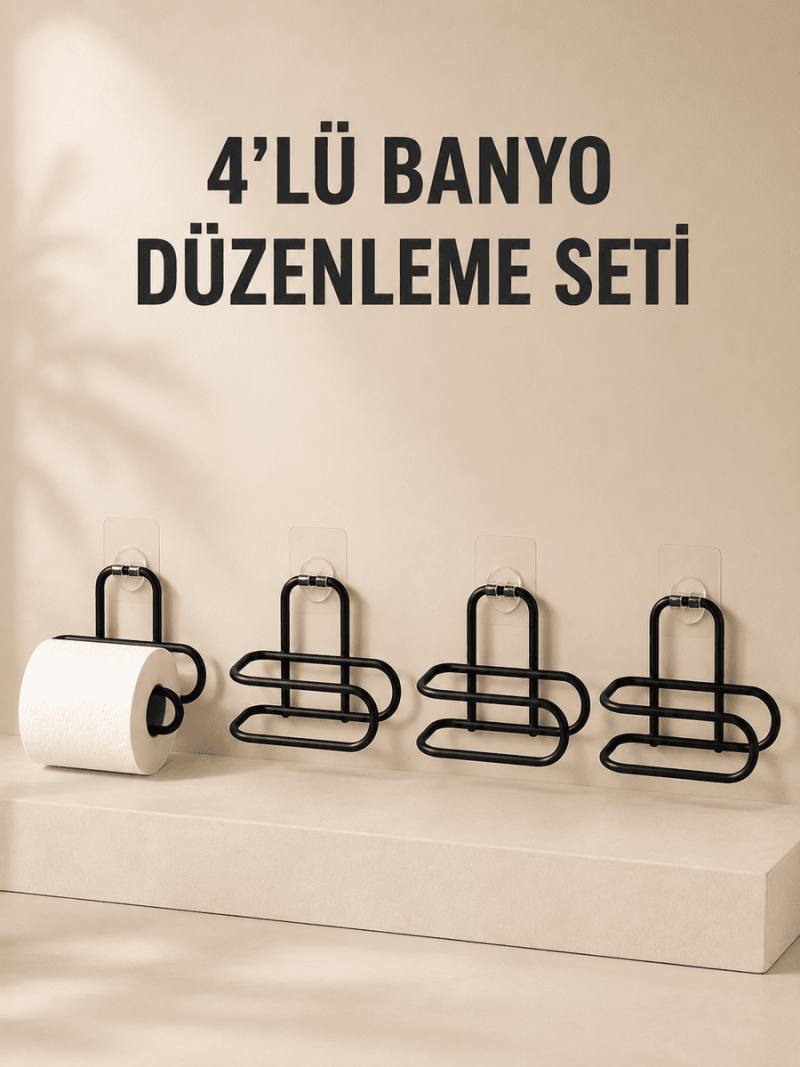 4 Adet Yapışkanlı Tuvalet Kağıdı Askısı Siyah Metal Delmeden Duvara Monte WC Kağıtlık
