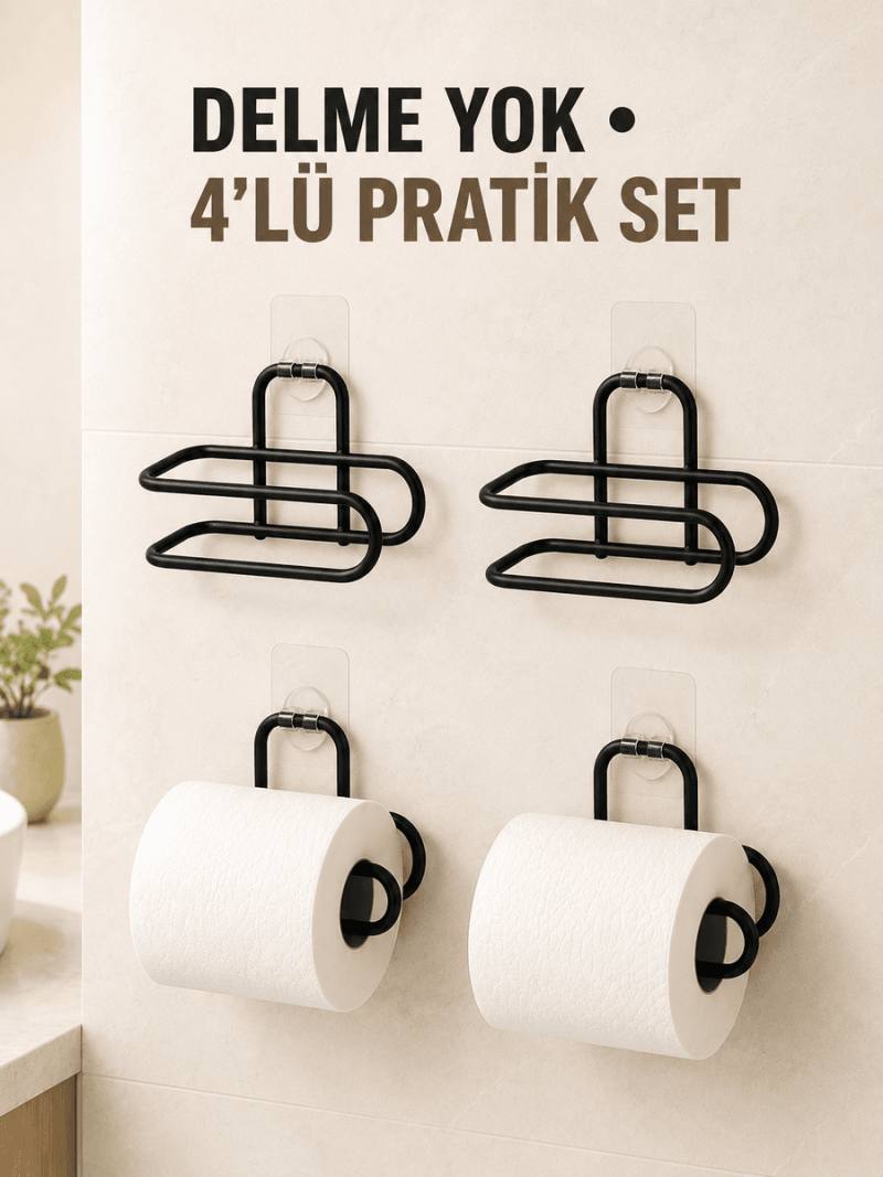 Siyah 4 Adet Metal Tuvalet Kağıdı Tutucu Kendinden Yapışkanlı Delmeden Montaj Banyo Askısı