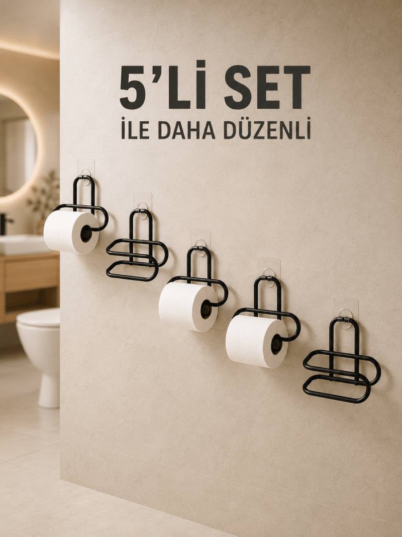Yapışkanlı Tuvalet Kağıdı Askısı Siyah Metal Delmeden Montaj WC Kağıtlık 5 Adet