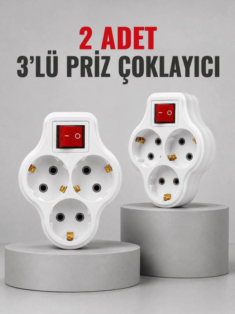 Direkt Duvar Prizine Takılan 3’lü Priz Adaptörü Anahtarlı Priz Çoklayıcı 2 Adet