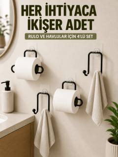 Yapışkanlı Banyo Düzenleme Seti 2 Rulo Tutucu 2 Havlu Askılığı 4 Parça