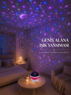 Yıldızlı Gökyüzü Projektörü Pembe Renkli Döner Çocuk Odası Gece Lambası