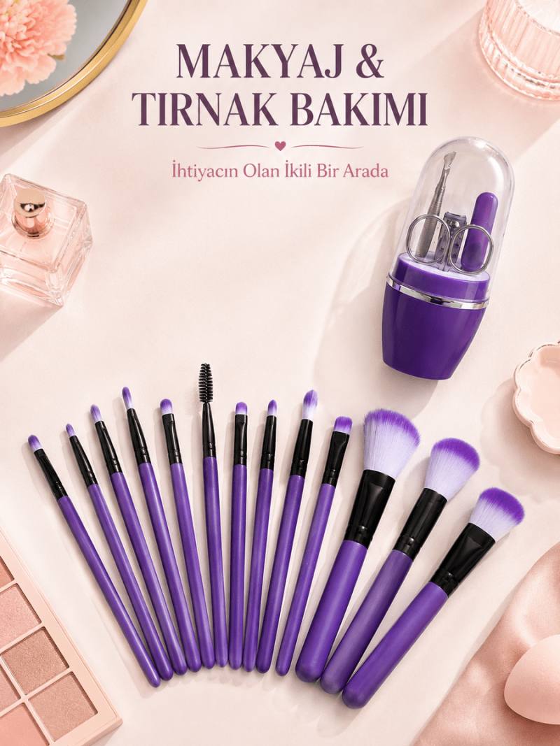 Makyaj ve Tırnak Bakım Seti 12’li Mor Makyaj Fırçaları Manikür Pedikür Seti Günlük Kişisel Bakım Paketi