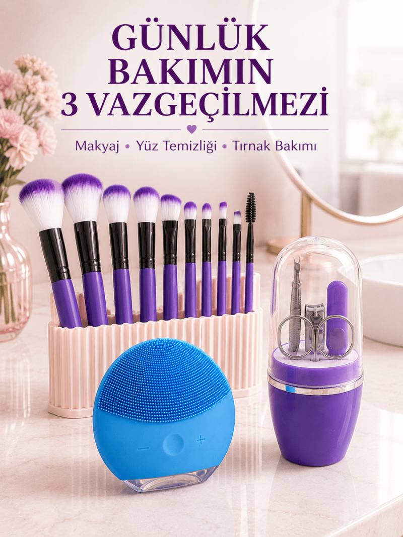 3’lü Güzellik ve Bakım Seti 12’li Mor Makyaj Fırçası Silikon Yüz Temizleme Cihazı ve Manikür Tırnak Bakım Seti