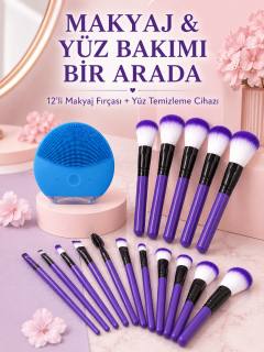 Makyaj ve Yüz Bakım Seti 12’li Mor Makyaj Fırçası Silikon Yüz Temizleme ve Cilt Bakım Cihazı