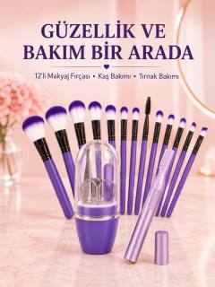 Kadın Makyaj ve Kişisel Bakım Seti 12’li Mor Makyaj Fırçası Kaş Düzeltici ve Manikür Tırnak Bakım Seti
