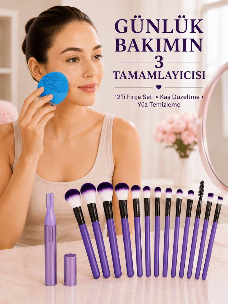 12’li Makyaj Fırça Seti Kaş Düzeltme Cihazı ve Yüz Temizleme Cihazı 3’lü Kadın Güzellik ve Bakım Seti