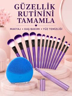 Kadın Güzellik Seti 12’li Mor Makyaj Fırçası Kaş Düzeltici ve Silikon Yüz Temizleme Cihazı Cilt Bakım Seti