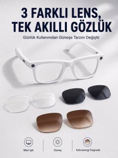 Yapay Zeka Destekli Akıllı Gözlük Dahili Kameralı Bluetooth Müzik ve Arama Özellikli Ses Kontrollü Değiştirilebilir Lensli