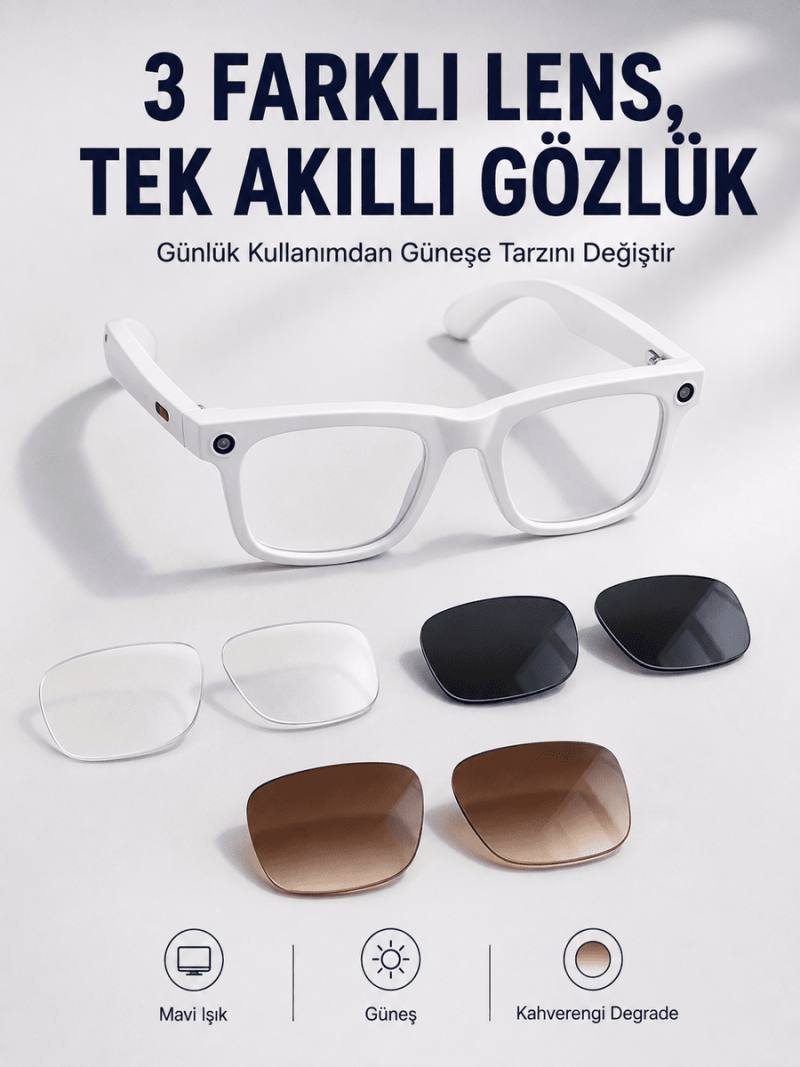 Yapay Zeka Destekli Akıllı Gözlük Dahili Kameralı Bluetooth Müzik ve Arama Özellikli Ses Kontrollü Değiştirilebilir Lensli
