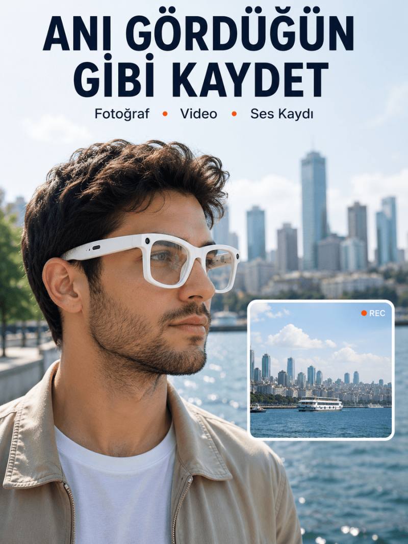 3 Lensli Kameralı Akıllı Gözlük AI Sesli Asistan Çeviri Bluetooth Görüşme Müzik Fotoğraf Video Kayıt Özellikli