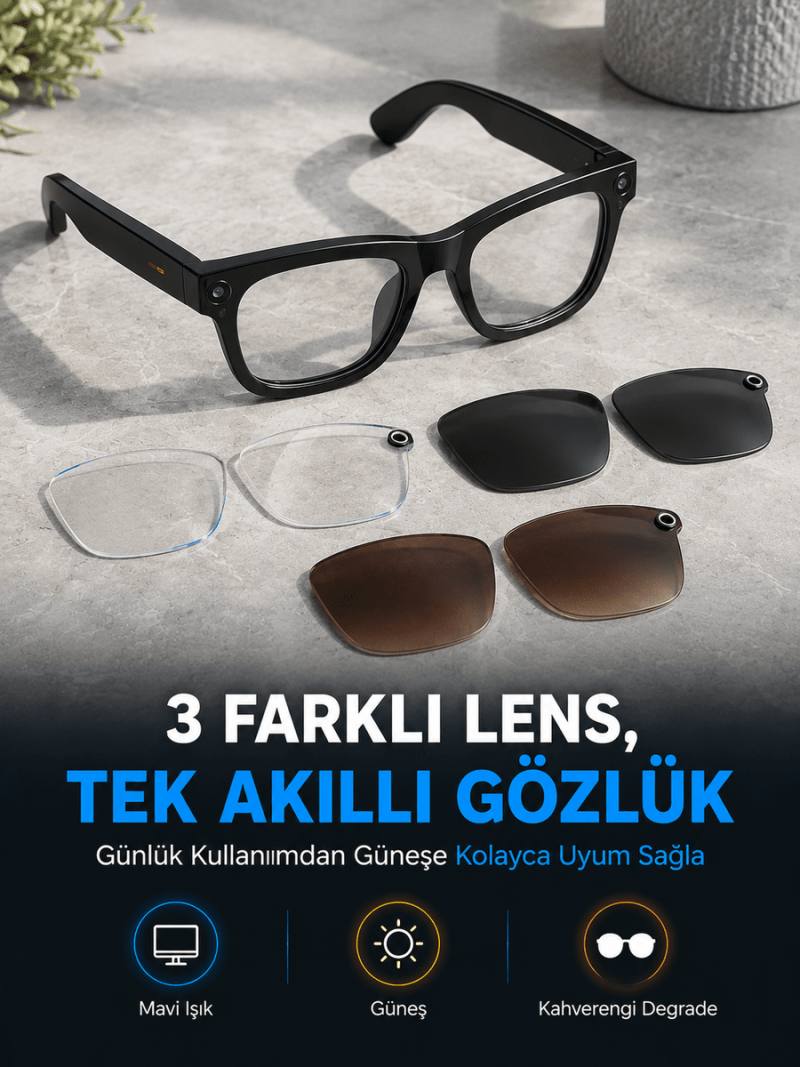 Siyah Akıllı Kamera Gözlüğü Fotoğraf Video Çekimli Bluetooth Aramalı AI Destekli 3 Değiştirilebilir Lensli